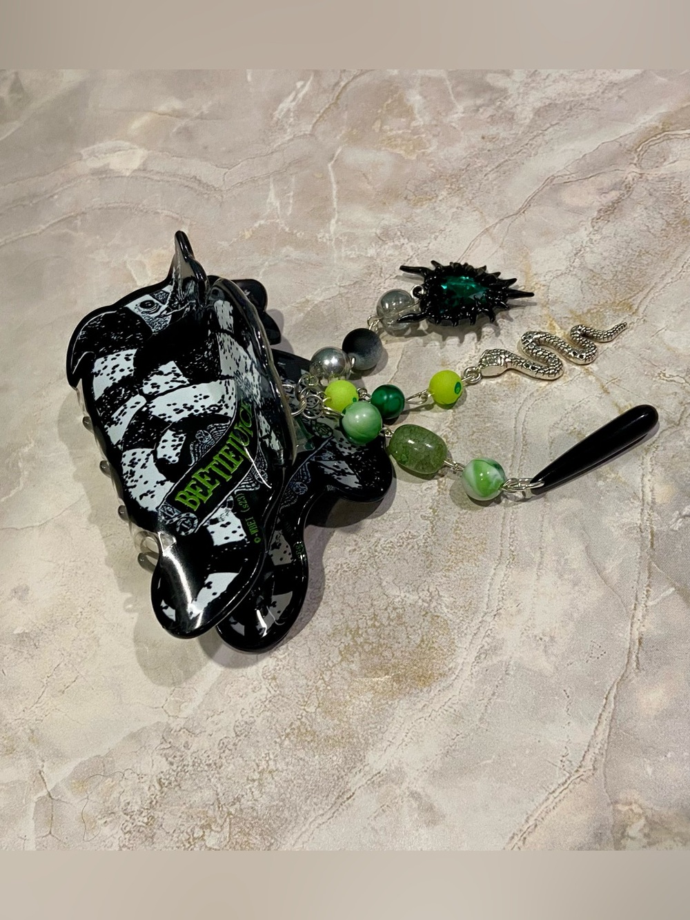 Bettye Moss Black & White Hair Clip with Green Bead Charms